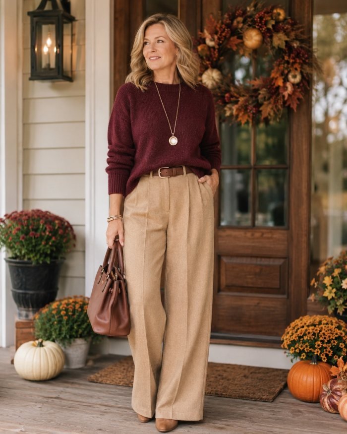 Woman over 40 wearing a burgundy sweater, wide-leg camel trousers, and brown accessories for a Thanksgiving fall outfit.